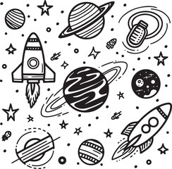 Planets, rockets, stars vector icons. Hand drawing on white background
