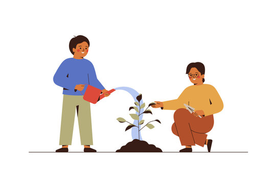 Two school boys watering young tree. Children planting sapling outdoor together. Green Ecology and environment forest conservation concept. Vector illustration