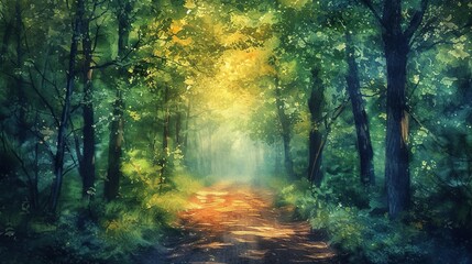 Enchanting wild forest path with watercolor effect. Wall art wallpaper - obrazy, fototapety, plakaty
