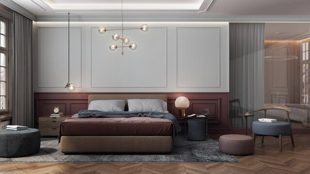 17Kuchnia04_Animation of a classic modern and spacious bedroom, presenting the same interior in different color versions with changing decors and finishing materials. 3D animation.A1