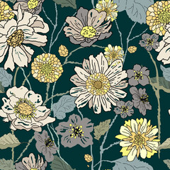 Seamless floral vector pattern fashion drawing, hand drawn picture for fabric design, decor, ceramics, greeting cards, flowers, texture print on dark backgrounds