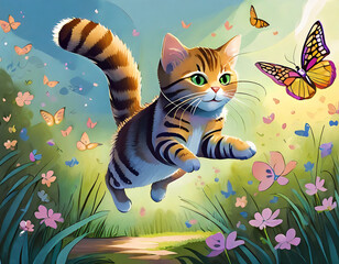 Katze im Fr&uuml;hling die einem Schmetterling hinterher springt