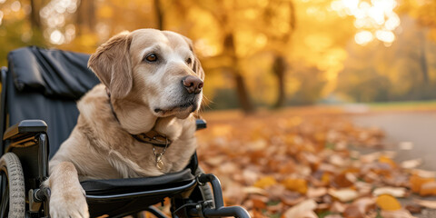 Adult dog with disability in Wheelchair Enjoying Autumn Park. Disabled puppy in a specialized wheelchair walking in a park during autumn.