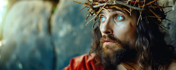 Close-up of a Man Portraying Jesus Christ with Crown of Thorns, copy space. Man with a crown of...