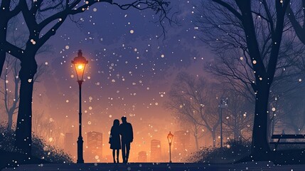 Abstract, couple walking in the park under the light of lanterns under the night sky. Generative  AI