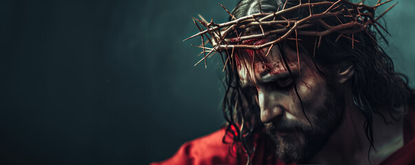 Close-up of a Man Portraying Jesus Christ with Crown of Thorns, copy space. Man with a crown of thorns with vivid blood trails. - obrazy, fototapety, plakaty
