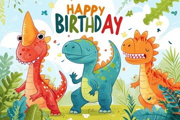 Naklejka premium Happy Birthday with colorful cartoon dinosaurs in the jungle Generative AI