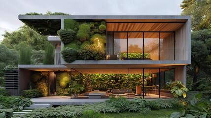 A two-story urban dwelling with a living green wall on one side, providing a vibrant contrast to the concrete façade and symbolizing a modern connection to nature. 