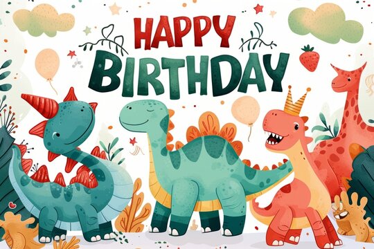 Happy Birthday with hand-dawn cartoon dinosaurs Generative AI