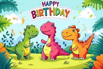 Happy Birthday with colorful cartoon dinosaurs in the jungle Generative AI