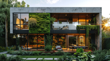 A two-story urban dwelling with a living green wall on one side, providing a vibrant contrast to the concrete façade and symbolizing a modern connection to nature. 