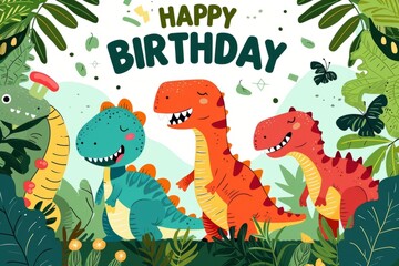 Happy Birthday with cute cartoon dinosaurs Generative AI