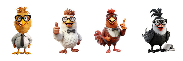 Set of 3D chicken wearing glasses showing thumb on a transparent background