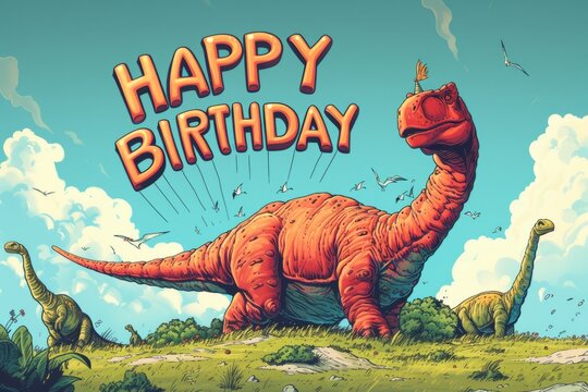 Happy Birthday with hand-drawn brontosaurs Generative AI
