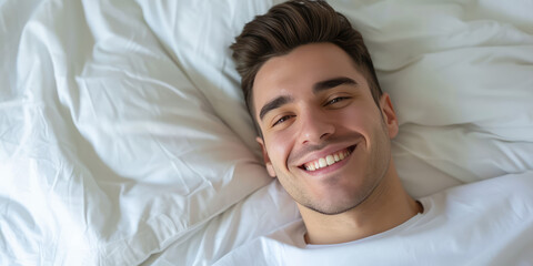 Joyful Man Lying in Bed. Close-up portrait of smiling man lying in bed, background for bedding store.