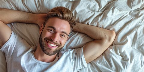 Joyful Man Lying in Bed. Close-up portrait of smiling man lying in bed, background for bedding store.