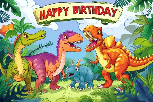 Happy Birthday with colorful cartoon dinosaurs in the jungle Generative AI