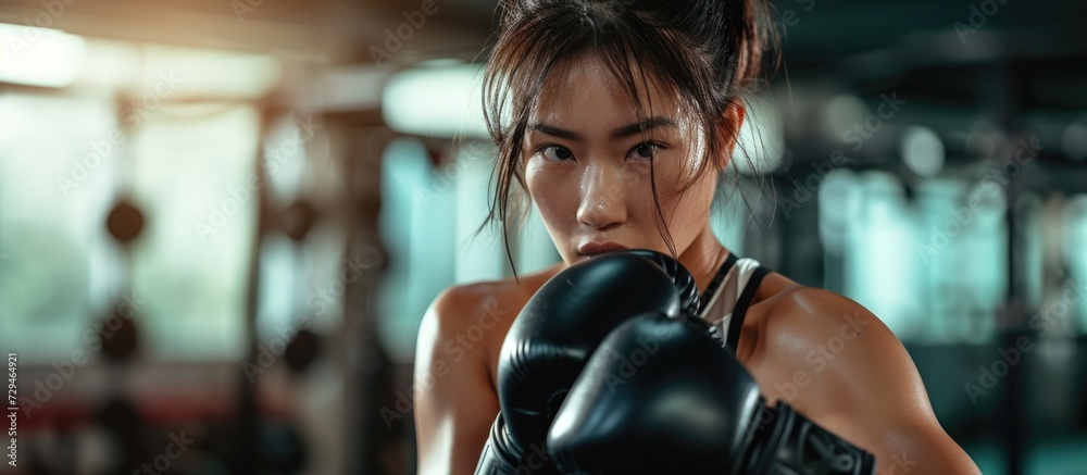 Wall mural asian female athlete training kickboxing with gloves at the gym