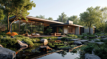 Fototapeta na wymiar An angular, steel-framed house surrounded by a serene zen garden, blending modern design with natural elements. 