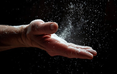 a hand with a black background and sprinkled salt in 