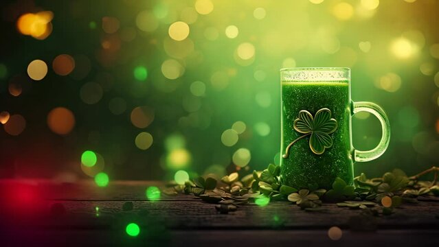  Jarra de cerveza de cristal con cerveza verde y un tr&eacute;bol grabado, s&iacute;mbolo t&iacute;pico de la fiesta de san patricio irlandesa, sobre superficie de madera y fondo verde con bokeh en  movimiento