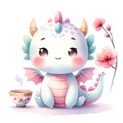 Adorable Pastel Dragon with Tea and Blossoms