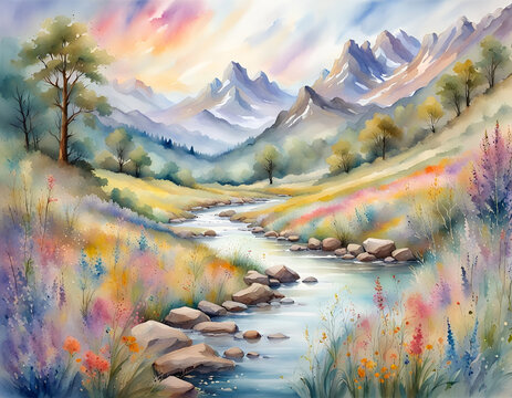 watercolor painting of a spring landscape with a river running though colorful wildflowers with mountains in the background