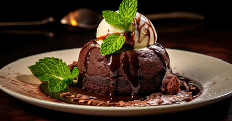 Delicious hot lava cake with vanilla ice cream and mint on dark and moody background. Plate of...
