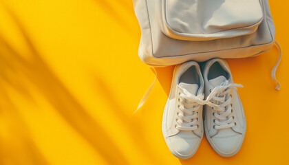 White Sneakers and Backpack on Yellow Background