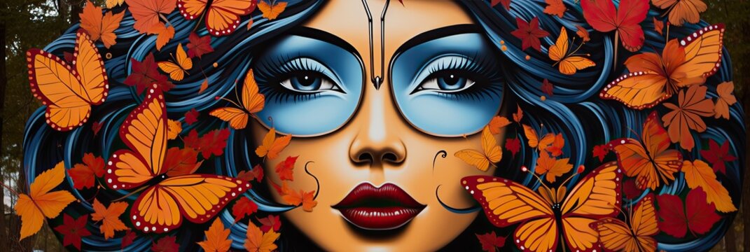 Immersive butterfly-themed mural with a woman's face surrounded by flora and fauna