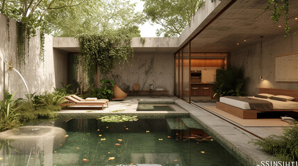 An urban oasis with a courtyard surrounded by a concrete façade, creating a private sanctuary in the heart of the city. 