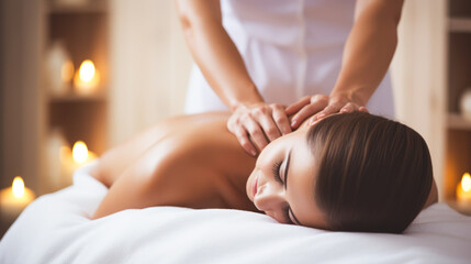 Back massage. Close-up of pretty woman relaxing and getting spa massage treatment at beauty spa salon. Spa skin and body care. Skin beauty treatment. Cosmetology, aromatherapy. Professional massage - obrazy, fototapety, plakaty