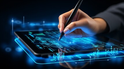 Hands using digital devices, global network and communication in a modern office