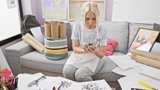 Attractive young blonde woman artist taking artistic smartphone picture to draw from comfy studio sofa
