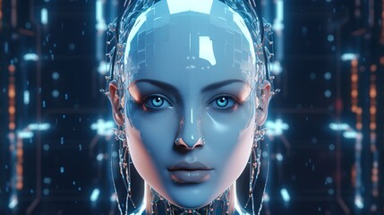 3d illustration rendering, ai robot head bionic face with data internet network, deep learning system technology machine, generative, ai, - obrazy, fototapety, plakaty