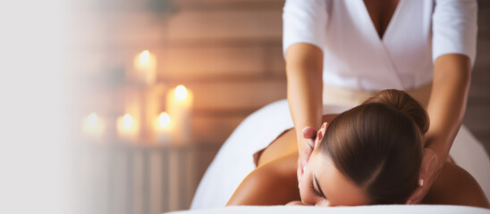 Professional spa salon massage banner. Close-up of pretty woman relaxing and getting spa massage treatment at beauty spa salon. Spa skin and body care. Skin beauty treatment. Cosmetology. Copy space