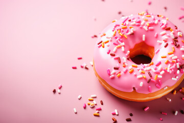 Delicious donut with pink glaze and sprinkles on pink background with copy space.
