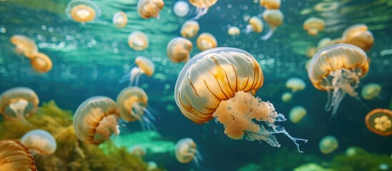 Increased jellyfish population caused by global warming and overfishing leads to more brown, transparent and large jellyfish moving smoothly in the water.