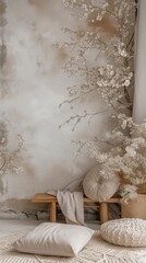 Macrame Rattan Linen Day Bench | Boho Beige Minimal | Graphic Design Backdrop Background | Clear Space for Text | Interior Design