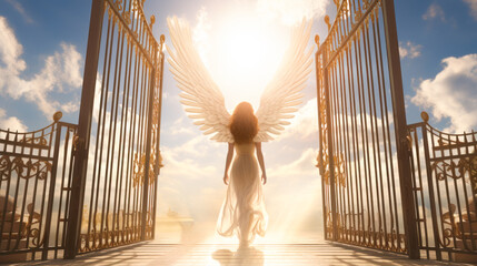 Angel with wings goes through the Golden Gates of heaven with sunshine in clouds. Life after death concept. The soul goes to Heaven. Gates of Paradise, meeting God, symbol of Christianity.