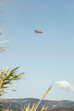 Water fire fighting airplane flying overhead with blue skies.