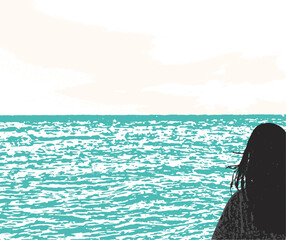 Fototapeta premium silhoutte of a person looking over the ocean at the horizon overlay texture