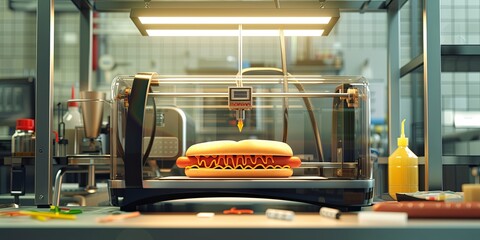 Technology for 3D printing a hot-dog on a printer. Modern technologies for printing products for human life. Alternative cuisine. - obrazy, fototapety, plakaty
