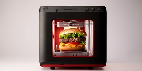 Technology for 3D printing a hamburger on a printer. Modern technologies for printing products for human life. Alternative cuisine.