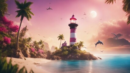 lighthouse at sunset A fantasy lighthouse on a tropical island, with palm trees, flowers, and dolphins.  