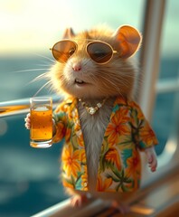 Photorealistic cute hamster on expensive yacht in a deep ocean - obrazy, fototapety, plakaty