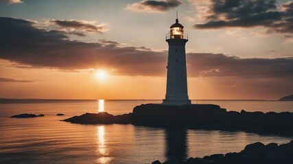 Fototapeta premium lighthouse at sunset Lighthouse searchlight beam near ocean at sunset 