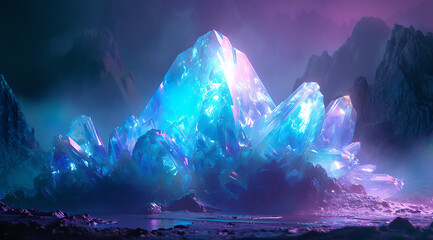 a mystical mountain shaped crystal with blue and purp - obrazy, fototapety, plakaty