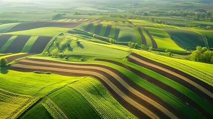 panorama seen from above of the plain with the cultivated fields divided into geometric shapes in spring