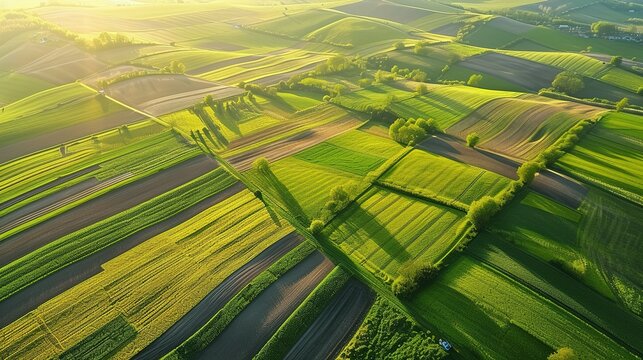 panorama seen from above of the plain with the cultivated fields divided into geometric shapes in spring